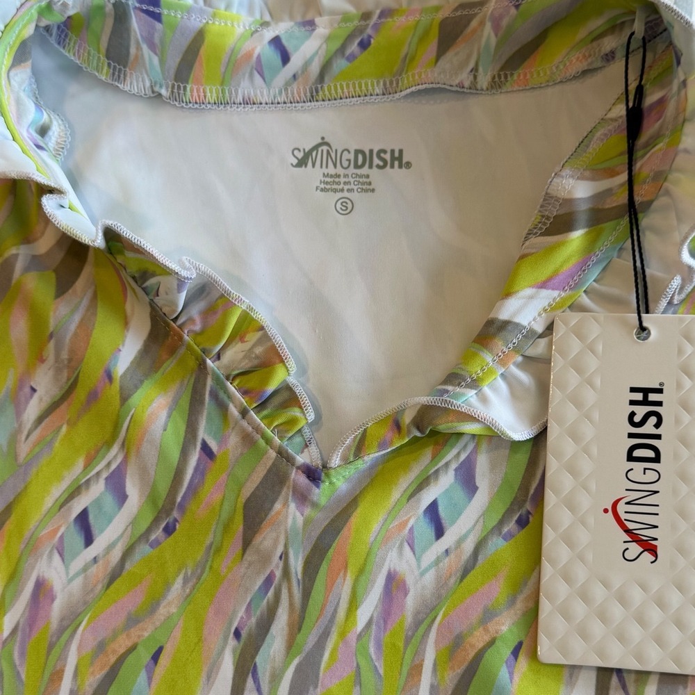 SwingDish Womens Sleeveless Golf Polo Top Ruffle V-Neck Lime Green Abstract S - Picture 7 of 7